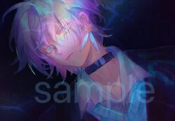 Rule 34 | 1boy, bishounen, black background, black choker, black jacket, blue eyes, blue hair, choker, closed mouth, collarbone, collared shirt, earrings, expressionless, eyelashes, feather earrings, feathers, flower earrings, highres, jacket, jewelry, lips, looking at viewer, male focus, open clothes, open jacket, original, sample watermark, shirt, short hair, simple background, solo, sweater vest, upper body, vest, watermark, white shirt, white vest, yanmian (printemps-noir)