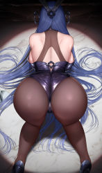Rule 34 | 1girl, all fours, animal ears, ass, azur lane, backboob, bare shoulders, black leotard, black pantyhose, blue hair, bodystocking, breasts, facing away, fouriasensei, from behind, headgear, high heels, highres, large breasts, leotard, long hair, new jersey (azur lane), new jersey (exhilarating steps!) (azur lane), official alternate costume, pantyhose, playboy bunny, rabbit ears, sideboob, solo, very long hair, watermark