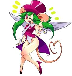 Rule 34 | 1girl, animal ears, blush stickers, breasts, green hair, hat, heart, heart tail, highres, leotard, mad rat dead, mouse (animal), mouse ears, mouse girl, mouse tail, nippon ichi, rat god, red eyes, tail, tie clip, top hat, wings, wrist cuffs