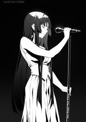 Rule 34 | 1girl, akiyama mio, black hair, dated, expressionless, closed eyes, greyscale, highres, hime cut, k-on!, long hair, microphone, microphone stand, monochrome, solo, very long hair
