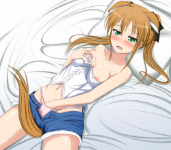 Rule 34 | 1girl, animal ears, bad id, bad pixiv id, bare shoulders, bed sheet, blush, breasts, brown hair, bustier, cosplay, dog days, dog ears, dog tail, female masturbation, green eyes, hair ribbon, hand in panties, kemonomimi mode, leonmitchelli galette des rois, leonmitchelli galette des rois (cosplay), long hair, lying, masturbation, nipple slip, nipples, on back, panties, pillow, pussy juice, pussy juice stain, rebecca anderson, ribbon, shorts, solo, tachihaya hiro, tail, tears, twintails, underwear, wet, wet clothes, wet panties