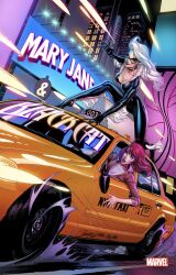 2girls black_bodysuit black_cat_(marvel) black_choker black_mask bodysuit breasts building car choker city cleavage collaboration domino_mask english_text felicia_hardy ford ford_crown_victoria highres j._scott_campbell large_breasts logo long_hair marvel mary_jane_watson mask motor_vehicle multiple_girls on_vehicle open_mouth outdoors red_hair skyscraper spider-man_(series) squatting standing taxi ula_mos white_hair yellow_car