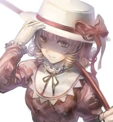 Rule 34 | 1girl, backlighting, blonde hair, bow, dress, drill hair, elly (touhou), hat, hat bow, juliet sleeves, kikugetsu, long sleeves, looking at viewer, puffy sleeves, red dress, scythe, shaded face, solo, touhou, touhou (pc-98), upper body, weapon, yellow eyes