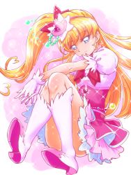 Rule 34 | 1girl, asahina mirai, blonde hair, blue eyes, boots, bow, bustier, closed mouth, cure miracle, earrings, floating hair, full body, hair bow, hairband, hat, jewelry, knee boots, layered skirt, long hair, mahou girls precure!, mini hat, miniskirt, pink hairband, pink headwear, pink skirt, ponytail, precure, red bow, shirt, short sleeves, skirt, solo, tj-type1, very long hair, white background, white footwear, white shirt, white skirt, witch hat