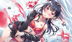 Rule 34 | 1girl, bikini, black hair, black jacket, blush, breasts, bubble, cleavage, collarbone, fish, hair bun, highres, jacket, long hair, looking at viewer, love live!, love live! sunshine!!, off shoulder, open clothes, open jacket, open mouth, red bikini, red eyes, shirt, side bun, single side bun, skirt, small breasts, solo, swimsuit, tears, tipii, tsushima yoshiko, water