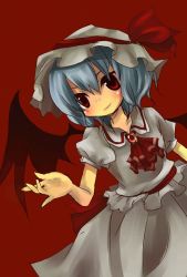 Rule 34 | 1girl, ascot, blue hair, blush, brooch, dress, dutch angle, female focus, hat, jewelry, red background, red eyes, remilia scarlet, sakusakumonoka, short sleeves, simple background, smile, solo, touhou, vampire, white dress, white hat