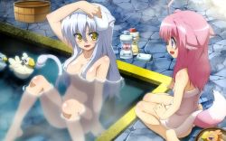 Rule 34 | 10s, 2girls, animal ears, bath, blush, cat ears, cat tail, dog days, dog ears, dog tail, highres, leonmitchelli galette des rois, long hair, millhiore f. biscotti, multiple girls, nude, pink hair, purple eyes, tail, white hair, yellow eyes
