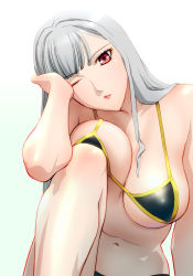 Rule 34 | 00s, 1girl, arm support, bikini, black bikini, breasts, gradient background, large breasts, lips, lipstick, long hair, looking at viewer, makeup, navel, one eye closed, pout, red eyes, selvaria bles, senjou no valkyria, senjou no valkyria (series), senjou no valkyria 1, silver hair, solo, swimsuit, ueyama michirou, unaligned breasts, wink