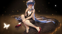 Rule 34 | 1girl, absurdres, alternate costume, alternate hairstyle, applying makeup, azur lane, backless dress, backless outfit, barefoot, between breasts, black dress, blue eyes, blue gemstone, blue hair, blush, braid, breasts, bug, butterfly, circle skirt, cleavage, collarbone, commentary, cosmetics, diamond (gemstone), dress, earrings, feet, french braid, gem, glowing, glowing eyes, hair up, heterochromia, high heels, highres, holding lipstick, horns, ibuki (azur lane), insect, jewelry, large breasts, light particles, lipstick tube, long hair, looking at viewer, maya g, nail polish, necklace, open mouth, ponytail, red eyes, red footwear, red lips, red nails, unworn shoe, shoes, unworn shoes, sideboob, sidelocks, signature, single shoe, sitting, solo, sparkle, strap slip, symbol-only commentary, toes, very long hair
