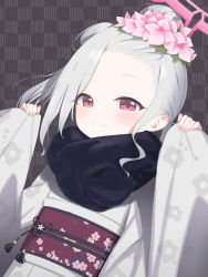 Rule 34 | 1girl, blue archive, blush, closed mouth, commentary request, flower, forehead, fur collar, grey hair, hair bun, hair flower, hair ornament, halo, hands up, highres, japanese clothes, kimono, long sleeves, matanukinuki, mutsuki (blue archive), mutsuki (new year) (blue archive), obi, pinching sleeves, pink flower, red eyes, sash, sidelocks, single hair bun, sleeves past wrists, smile, solo, upper body, white kimono, wide sleeves