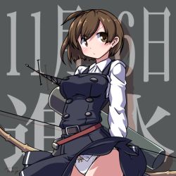 Rule 34 | 1girl, 547th sy, arare (kancolle), arare (kancolle) (cosplay), arrow (projectile), belt, bow (weapon), breasts, brown eyes, brown hair, buttons, commentary request, cosplay, cowboy shot, dress, grey background, highres, hiryuu (kancolle), kantai collection, large breasts, long sleeves, panties, pantyshot, pinafore dress, quiver, school uniform, shirt, short hair, sleeveless, sleeveless dress, solo, standing, text background, underwear, weapon, white panties, white shirt