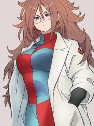 Rule 34 | 1girl, android 21, black-framed eyewear, blue eyes, breasts, brown hair, checkered clothes, checkered dress, closed mouth, dragon ball, dragon ball fighterz, dress, earrings, glasses, hair between eyes, hand in pocket, hoop earrings, jewelry, kemachiku, lab coat, long hair, long sleeves, looking at viewer, medium breasts, red ribbon army, simple background, solo