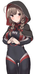 Rule 34 | 1girl, ahoge, black bodysuit, black capelet, black wetsuit, bodysuit, braid, breasts, brown hair, capelet, clothes writing, cowboy shot, diving suit, highres, hood, hooded capelet, kantai collection, large breasts, long hair, long sleeves, shinshuu maru (kancolle), shirasumato, simple background, solo, thigh gap, twin braids, wetsuit, white background