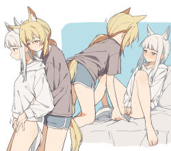 Rule 34 | 2girls, all fours, alternate costume, animal ear fluff, animal ears, arknights, barefoot, bed sheet, blonde hair, blue background, blue shorts, blunt bangs, blush, bottomless, bright pupils, brown eyes, brown shirt, closed mouth, coldcat., covering privates, covering crotch, embarrassed, fingering, fingering from behind, grey hair, highres, hood, hood down, hoodie, horse ears, horse girl, horse tail, long hair, long sleeves, looking at another, looking down, low twintails, motion lines, multiple girls, nearl (arknights), on bed, orange eyes, platinum (arknights), ponytail, shirt, short sleeves, shorts, sidelocks, sitting, sleeves past wrists, spread legs, sweater, tail, twintails, two-tone background, white background, white hair, white hoodie, white sweater, yellow eyes, yuri