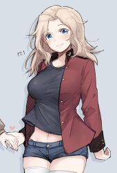 Rule 34 | 1girl, 1other, absurdres, alternate costume, arm behind back, black tank top, blonde hair, blue eyes, blue shorts, blush, breasts, commentary request, cowboy shot, denim, denim shorts, girls und panzer, grey background, hair intakes, hand grab, heart, highres, jacket, kay (girls und panzer), large breasts, long hair, long sleeves, looking at viewer, m1saki 1, midriff, navel, open clothes, red jacket, saunders military uniform, shirt, short shorts, shorts, smile, solo focus, st. gloriana&#039;s military uniform, tank top, thighhighs, thighs, white thighhighs