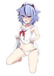 Rule 34 | 1girl, absurdres, agu (antyosan), ahoge, black hair, blue hair, blush, clothes lift, commentary, fake horns, flower, full body, genderswap, groin, gynoid talk, hair flower, hair ornament, highres, horns, lifting own clothes, looking at viewer, meika mikoto, navel, open mouth, panties, panty peek, red eyes, sailor collar, shirt, shirt lift, short hair, simple background, sleeveless, sleeveless shirt, solo, squatting, underwear, vocaloid, white background, white panties, white sailor collar, white shirt