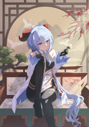 Rule 34 | 1girl, absurdres, ahoge, architecture, bare shoulders, black gloves, black legwear, blue hair, couch, detached sleeves, east asian architecture, flower, ganyu (genshin impact), genshin impact, gloves, gold trim, highres, holding, holding flower, horns, hukw, knee up, long hair, looking at another, purple eyes, qingxin flower, sidelocks, sitting, solo, tassel, thighlet, white flower, white sleeves
