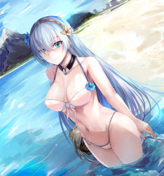 Rule 34 | 1girl, anastasia (fate), bare arms, bare legs, beach, bikini, blue eyes, blue flower, blue hair, blush, breasts, cameltoe, cleavage, day, doll, fate/grand order, fate (series), flower, front-tie bikini top, front-tie top, hair between eyes, hair flower, hair ornament, hair over eyes, headband, jewelry, large breasts, light blue hair, light smile, long hair, looking at viewer, misaka 12003-gou, mountain, navel, necklace, outdoors, sand, sky, swimsuit, thick thighs, thighs, water, white bikini, white hair