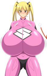 Rule 34 | 10s, 1girl, alternate breast size, bad id, bad pixiv id, bakuon!!, blonde hair, blush, bodysuit, breasts, genzaburoh, gigantic breasts, long hair, looking at viewer, motion lines, simple background, skin tight, solo, standing, suzunoki rin, tsurime, twintails, white background