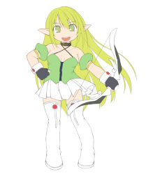 Rule 34 | 1girl, armband, bare shoulders, black gloves, blonde hair, boots, bow (weapon), breasts, chibi, collar, elf, elsword, fingerless gloves, flat color, gloves, green eyes, green hair, hand on own hip, kasuga yukihito, long hair, matching hair/eyes, pleated skirt, pointy ears, ranger (elsword), rena erindel, skirt, small breasts, smile, solo, thigh boots, thighhighs, weapon, unfinished, wrist cuffs