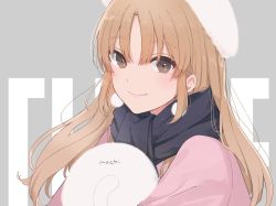 Rule 34 | 1girl, black scarf, blush, brown eyes, cat, character name, closed mouth, commentary, earrings, fur hat, grey background, hat, highres, jewelry, light brown hair, long hair, long sleeves, looking at viewer, musshu (omu001), nijisanji, pom pom (clothes), pom pom earrings, scarf, simple background, sister claire, sister claire (4th costume), smile, solo, upper body, virtual youtuber, white hat