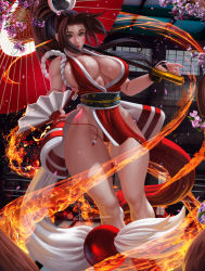 Rule 34 | 1girl, arm guards, bare shoulders, breasts, brown eyes, brown hair, cherry blossoms, chinese clothes, cleavage, fatal fury, female focus, fire, folding fan, hand fan, highres, hlulani, holding, holding fan, lantern, large breasts, lips, matching hair/eyes, ninja, panties, pelvic curtain, petals, pinup (style), ponytail, revealing clothes, shiranui mai, solo, the king of fighters, thick thighs, thighs, umbrella, underwear, wide hips