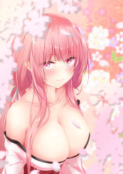 Rule 34 | 1girl, akira (sayo dayoo), alternate costume, azur lane, bare shoulders, breasts, cleavage, floral background, from above, highres, japanese clothes, kimono, large breasts, light blush, long hair, looking at viewer, off shoulder, perseus (azur lane), pink eyes, pink hair, red sash, ribbon, sash, solo, upper body, white kimono, white ribbon