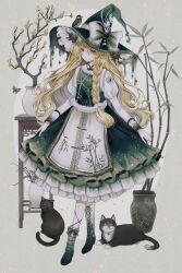 Rule 34 | 1girl, adapted costume, animal, animal on head, apron, asymmetrical footwear, bird, bird on head, black bow, black cat, black dress, black footwear, black hat, blonde hair, boots, bow, braid, cat, closed mouth, commentary request, cross-laced footwear, dress, footwear bow, full body, fur trim, gradient bow, gradient footwear, hair ornament, hat, highres, hourai kiriri, jewelry, juliet sleeves, kirisame marisa, long hair, long sleeves, looking at viewer, necklace, on head, pearl necklace, plant, pom pom (clothes), pom pom hair ornament, potted plant, puffy sleeves, shirt, single braid, skirt hold, smile, solo, table, touhou, very long hair, white apron, white bow, white footwear, white shirt, witch hat, yellow eyes, yin yang, yin yang print