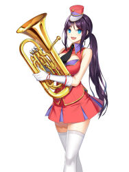 Rule 34 | 1girl, :d, alternate hair color, band uniform, bare shoulders, black necktie, blue eyes, breasts, buttons, cleavage cutout, closers, clothing cutout, collared jacket, double-breasted, euphonium, feet out of frame, fold-over gloves, gloves, hands up, hat, highres, holding, holding instrument, impossible clothes, impossible jacket, instrument, jacket, large breasts, long hair, looking at viewer, looking to the side, marching band, mini shako cap, miniskirt, necktie, official art, open mouth, parted bangs, pleated skirt, ponytail, purple hair, red headwear, red jacket, red skirt, shako cap, sidelocks, skirt, sleeveless, sleeveless jacket, smile, solo, teeth, thighhighs, uniform, upper teeth only, very long hair, walking, white background, white gloves, white thighhighs, wing collar, yuri seo, zettai ryouiki