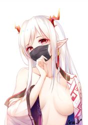 Rule 34 | 1girl, arknights, artist name, bad id, bad pixiv id, blush, breasts, breasts apart, collarbone, coronavirus, coronavirus pandemic, earrings, hand on own chin, head tilt, highres, horns, jewelry, leria v, long hair, long sleeves, looking at viewer, mask, medium breasts, mouth mask, nian (arknights), no bra, off shoulder, open clothes, pointy ears, red eyes, sidelocks, simple background, single bare shoulder, solo, surgical mask, swept bangs, tassel, tassel earrings, upper body, white background, white hair, wide sleeves