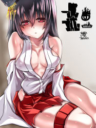 Rule 34 | 10s, 1girl, bad id, bad nicoseiga id, bare shoulders, black hair, blush, breasts, detached sleeves, hair ornament, kantai collection, looking at viewer, medium breasts, nontraditional miko, red eyes, sitting, skirt, sleeves past wrists, solo, tokita monta, yamashiro (kancolle)