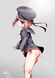 Rule 34 | 10s, 1girl, artist name, ass, black dress, black hat, black sailor collar, brown eyes, brown hair, butt crack, clothes writing, cowboy shot, dress, from behind, gradient background, grey background, hat, kantai collection, looking back, panties, sailor collar, sailor dress, sailor hat, short hair, shungikuten, side-tie panties, solo, underwear, white panties, z3 max schultz (kancolle)