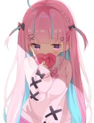 Rule 34 | 1girl, absurdres, ahoge, blue hair, blunt bangs, blush, bow, bowtie, box, braid, breasts, cat hair ornament, commentary request, covering own mouth, cross-laced clothes, cross-laced sleeves, embarrassed, fanged bangs, french braid, hair ornament, hairclip, heart-shaped box, highres, hololive, large breasts, long hair, long sleeves, looking at viewer, minato aqua, minato aqua (school uniform), multicolored hair, official alternate costume, official alternate hairstyle, parted hair, pink bow, pink bowtie, pink hair, pink skirt, pink sweater, plaid, plaid skirt, purple eyes, school uniform, shade, shiramacu, shirt, simple background, skirt, solo, streaked hair, sweater, two-tone hair, two side up, uniform, upper body, valentine, very long hair, virtual youtuber, white background, white shirt, x hair ornament