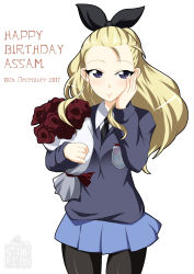 Rule 34 | 10s, 1girl, assam (girls und panzer), black necktie, black pantyhose, black ribbon, blonde hair, blue eyes, blue skirt, blue sweater, bouquet, character name, closed mouth, commentary, cowboy shot, dated, dress shirt, emblem, flower, girls und panzer, hair pulled back, hair ribbon, hand on own face, happy birthday, highres, holding, holding bouquet, ichijou takakiyo, long hair, long sleeves, looking at viewer, miniskirt, necktie, pantyhose, pleated skirt, red flower, red rose, ribbon, rose, school uniform, shirt, skirt, smile, solo, st. gloriana&#039;s (emblem), st. gloriana&#039;s school uniform, standing, sweater, v-neck, watermark, white background, white shirt, wing collar