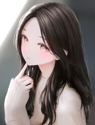 Rule 34 | 1girl, black hair, blush, finger to own chin, forehead, highres, long hair, long sleeves, looking at viewer, ojay tkym, original, pink eyes, solo, sweater, upper body, white sweater