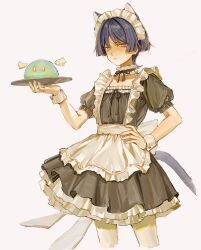 Rule 34 | 1boy, alternate costume, animal ears, apron, back bow, black dress, black ribbon, blue eyes, blunt ends, bow, buttons, cat ears, cat tail, closed mouth, collar, creature, crossdressing, dress, enmaided, fingernails, frilled collar, frills, genshin impact, hand on own hip, hand up, highres, holding, holding tray, kemonomimi mode, lic 617, looking at viewer, maid, maid day, maid headdress, male focus, neck ribbon, pantyhose, parted bangs, puffy short sleeves, puffy sleeves, purple hair, ribbon, scaramouche (genshin impact), seelie (genshin impact), short hair, short sleeves, simple background, solo, standing, tail, tray, v-shaped eyebrows, white apron, white background, white bow, white pantyhose, wrist cuffs