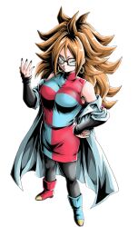 Rule 34 | 1girl, android 21, arm at side, black-framed eyewear, black nails, black pantyhose, black sleeves, blue dress, blue eyes, boots, bra, breasts, brown hair, checkered clothes, checkered dress, cleavage, clenched hand, closed mouth, coat, collarbone, contrapposto, dragon ball, dragon ball fighterz, dress, earrings, eyelashes, floating clothes, floating hair, foreshortening, full body, glasses, hair between eyes, hand on own hip, highres, hoop earrings, jewelry, lab coat, large breasts, legs apart, letterboxed, long hair, long sleeves, looking at viewer, looking up, nail polish, pantyhose, red dress, red ribbon army, scratches, serious, short dress, simple background, skirt, solo, spiked hair, standing, torn clothes, torn pantyhose, two-tone dress, underwear, v-shaped eyebrows, white background, white coat, wind, wind lift, young jijii