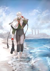 Rule 34 | 1boy, bandages, bandaged hand, barefoot, beach, blue sky, capelet, cloud, cloudy sky, crying, crying with eyes open, cumulonimbus cloud, factory, hair between eyes, highres, holding, human homeosta, immortal silent, male focus, nuclear powerplant, ocean, open mouth, outdoors, red eyes, sand, sketch, sky, smoke, solo, tears, walking, white capelet, white hair, wiping tears