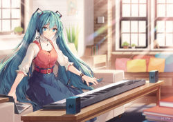 Rule 34 | 1girl, aqua eyes, aqua hair, belt, blue skirt, blurry, blurry background, blurry foreground, blush, book stack, bracelet, brick wall, commentary, computer, couch, cushion, eighth note, hair ornament, hatsune miku, headphones, indoors, instrument, jewelry, keyboard (instrument), laptop, long hair, looking at viewer, musical note, musical note necklace, necomi, plant, poster (object), potted plant, rainbow, shirt, short sleeves, sitting, skirt, smile, solo, speaker, sunlight, table, twintails, very long hair, vocaloid, white shirt, window