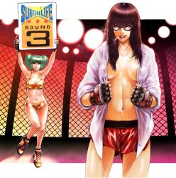 Rule 34 | 2girls, bikini, boxer, boxing gloves, breasts, brown hair, chain-link fence, cigarette, cleavage, fence, fingerless gloves, glasses, gloves, green eyes, green hair, grin, highres, holding, holding sign, lipstick, long hair, makeup, medium breasts, multiple girls, navel, no bra, open clothes, open shirt, original, purple eyes, round girl, shirt, shoes, shorts, sign, smile, smoking, sneakers, sweat, swimsuit, twintails, vigwer