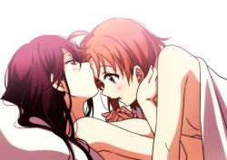 Rule 34 | 2girls, absurdres, ahoge, bed, blanket, blush, breasts, completely nude, girl on top, hand on another&#039;s face, highres, holding hands, interlocked fingers, kiss, kissing forehead, kougi hiroshi, lacing fingers, long hair, love live!, love live! sunshine!!, lying, messy hair, multiple girls, nude, open mouth, orange hair, pillow, red eyes, red hair, sakurauchi riko, short hair, takami chika, yellow eyes, yuri