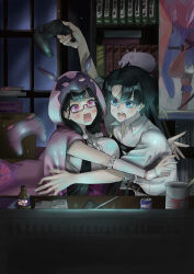 Rule 34 | 1boy, 1girl, absurdres, blue eyes, bookshelf, bottle, breasts, can, controller, cup ramen, drink can, fate/grand order, fate (series), fujimaru ritsuka (male), game controller, glasses, hanging scroll, highres, holding, holding controller, holding game controller, large breasts, long hair, low twintails, miyamoto musashi (fate), monitor, night, osakabehime (fate), pig, pink eyes, pink hood, scared, scroll, tirigegegege, twintails, window