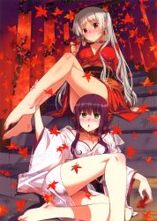 Rule 34 | 2girls, absurdres, autumn leaves, barefoot, blonde hair, blush, body blush, breasts, breasts apart, choker, closed mouth, collarbone, crossed legs, cup, earrings, eyebrows, feet, holding with feet, furisode, green eyes, hair ornament, hand on another&#039;s leg, hands on feet, head tilt, highres, holding, holding another&#039;s foot, huge filesize, japanese clothes, jewelry, kimono, koume keito, leaf, leaf hair ornament, long hair, looking up, maple leaf, multiple girls, nose blush, obi, orange eyes, original, purple hair, sakazuki, sash, scan, sidelocks, sitting, sitting on stairs, smile, stairs, toes, torii, very long hair