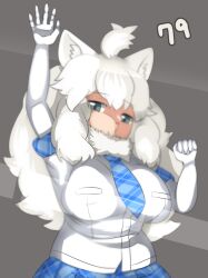 Rule 34 | 1girl, against fourth wall, animal ear fluff, animal ears, arm up, blue necktie, blue skirt, breasts, commentary request, cowboy shot, elbow gloves, fur collar, gloves, grey background, grey eyes, highres, kemono friends, large breasts, lets0020, lion ears, lion girl, long hair, looking at viewer, medium bangs, necktie, numbered, open mouth, plaid, plaid necktie, plaid skirt, pleated skirt, shaded face, shirt, skirt, smile, solo, white gloves, white hair, white lion (kemono friends), white shirt
