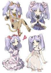 Rule 34 | 1girl, absurdres, animal costume, bow, breasts, cat costume, dress, expressionless, grey hair, hair bow, highres, holding, holding microphone, hoshino ruri, kidou senkan nadesico, long hair, looking at viewer, microphone, multiple views, redauto, see-through, see-through dress, sketch, small breasts, smile, strap slip, twintails, yellow eyes