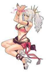 Rule 34 | 1girl, absurdres, armband, armpits, arms up, bare shoulders, bdsm, bikini, blunt bangs, bondage, bound, bound wrists, bow, bracelet, breasts, carmilla (fate), carmilla (summertime mistress) (fate), cleavage, fate/grand order, fate (series), from side, frown, full body, hair ornament, high heels, highres, jewelry, jitome, large breasts, long hair, looking at viewer, looking to the side, navel, necklace, ponytail, red bikini, red bow, red ribbon, ribbon, sarong, shikuro (masax1107), silver hair, simple background, sitting, solo, stomach, swimsuit, white background, yellow eyes, yokozuwari
