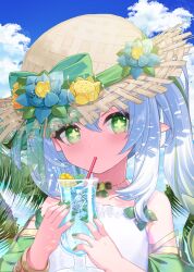 Rule 34 | 1girl, bare shoulders, blue flower, blue sky, bow, brown hat, cloud, cup, day, dress, drink, drinking glass, flower, frilled dress, frills, genshin impact, gradient hair, green bow, green eyes, green hair, green nails, hair between eyes, hands up, hat, hat bow, hat flower, highres, holding, holding cup, ice, ice cube, long hair, multicolored hair, nahida (genshin impact), nail polish, nyori, outdoors, pointy ears, side ponytail, sidelocks, sky, solo, straw hat, white dress, white hair