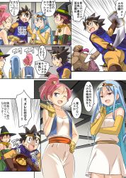 Rule 34 | 1boy, blue hair, breasts, cape, circlet, closed mouth, comic, commentary request, dragon quest, dragon quest iii, dress, earrings, elbow gloves, gloves, imaichi, jewelry, long hair, looking at viewer, mage (dq3), merchant (dq3), multiple girls, open mouth, red eyes, roto (dq3), sage (dq3), smile, sword, weapon