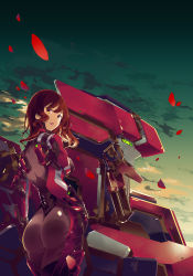 Rule 34 | 1girl, ass, breasts, brown eyes, brown hair, dusk, eirun last code, eyelashes, hand on own hip, highres, large breasts, long hair, looking at viewer, mecha, mikoto akemi, official art, original, pilot suit, robot, skin tight, solo