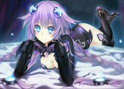 Rule 34 | 10s, 1girl, armor, ass, asskiler, bed, black thighhighs, blue eyes, blush, bodysuit, boots, bracer, braid, breasts, cleavage, cleavage cutout, clothes writing, clothing cutout, crossed legs, curtains, flipped hair, full body, gloves, glowing, hair ornament, head rest, headgear, indoors, lace, large breasts, legs up, leotard, light smile, long hair, looking at viewer, lying, magical girl, neon trim, neptune (neptunia), neptune (series), on bed, on stomach, power symbol, power symbol-shaped pupils, purple hair, purple heart (neptunia), smile, solo, symbol-shaped pupils, texture, the pose, thigh boots, thighhighs, turtleneck, twin braids, very long hair